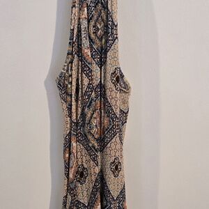 Sleeveless Patterned Jumpsuit in Navy & Tan